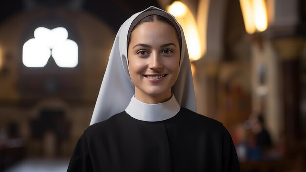 Retrato de una monja en el fondo de una iglesia