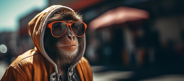 Retrato de un mono con capucha y gafas naranjas en la calle