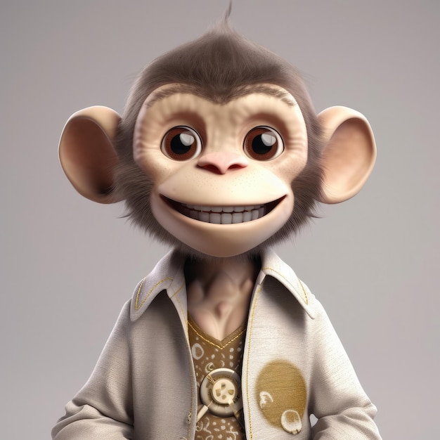 Retrato de mono de dibujos animados en 3D con ropa, gafas, sombrero y chaqueta de pie delante