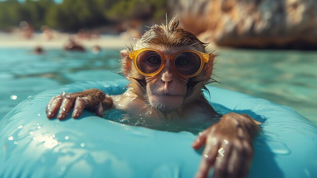 Retrato de un mono gracioso con gafas de sol nadando en la piscina en verano