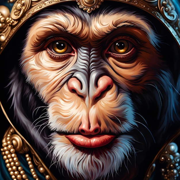Este retrato de mono en primer plano tiene un estilo barroco. El mono se muestra de cerca con su hazaña.