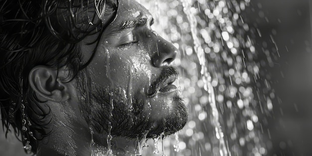 Retrato monocromático de um homem desfrutando de um chuveiro refrescante