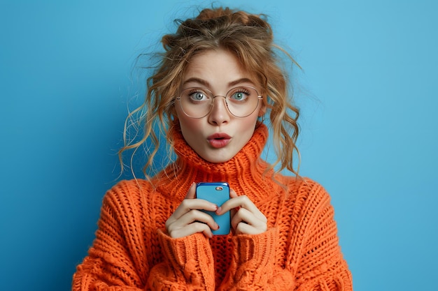 Foto retrato de una morena, una dama impresionada con el teléfono, la boca abierta, la mano, la cara, un suéter naranja.