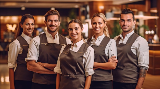 Retrato mostra um grupo de funcionários do hotel posando coletivamente em um hotel GENERATE AI