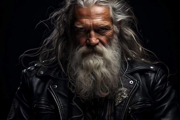 Retrato de motorista barbudo viejo pensativo