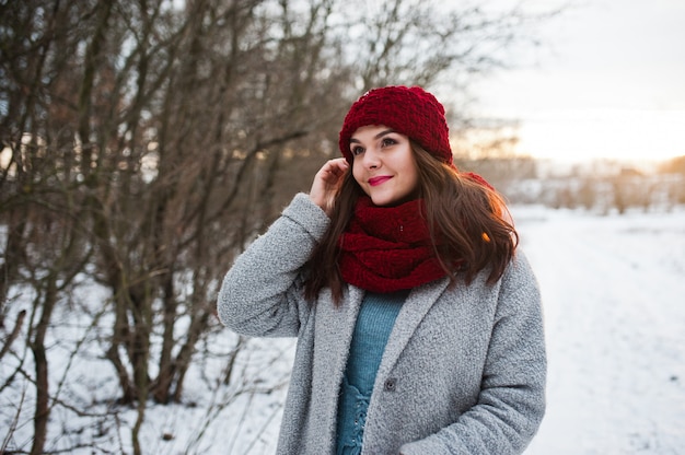 Retrato de muchacha gentil en abrigo gris, sombrero rojo y bufanda cerca de las ramas de un árbol cubierto de nieve.