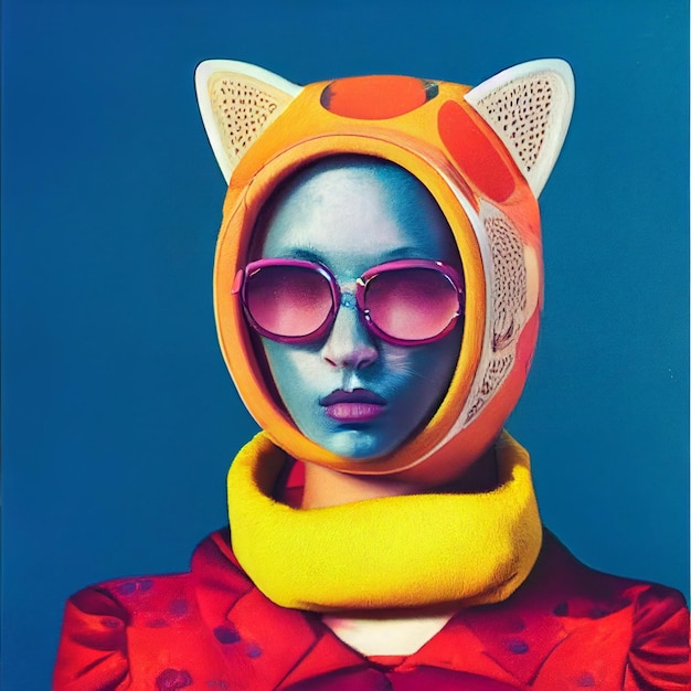 Retrato de mujer abstracta con gafas de sol de orejas de gato de piel azul