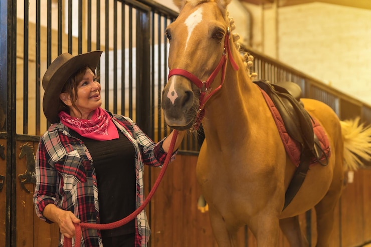 Foto retrato de una mujer adulta en el establo de un caballo con un caballo marrón, vestida con trajes de américa del sur