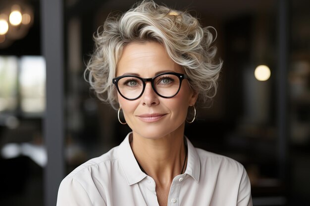 Retrato de una mujer adulta de negocios con gafas en una camisa blanca un empleado de la empresa la oficina