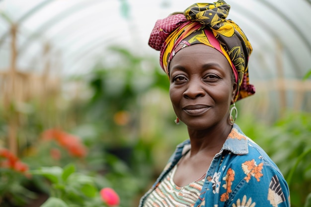 Retrato de una mujer africana de edad avanzada sonriente de pie en un invernadero con tomates generados con IA