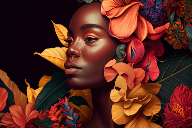 Retrato de mujer africana con flores tropicales Ai generado