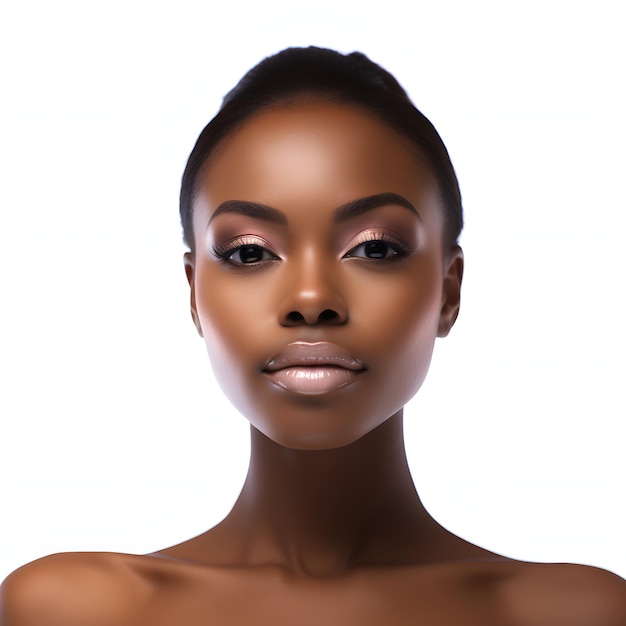 Foto retrato de una mujer africana con maquillaje natural sobre un fondo blanco el concepto de spa y cosmetología una modelo con maquilaje de ojos brillantes mira directamente a la cámara fondo blanco