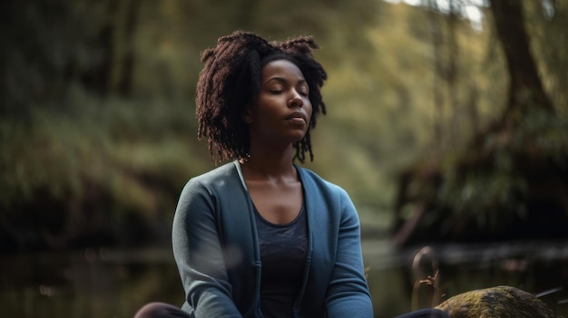 Retrato de mujer afro en posición de loto en el lugar de la naturaleza mujer madura africana sana meditando
