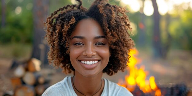 Retrato de una mujer afroamericana asando malvaviscos en un palo de risas