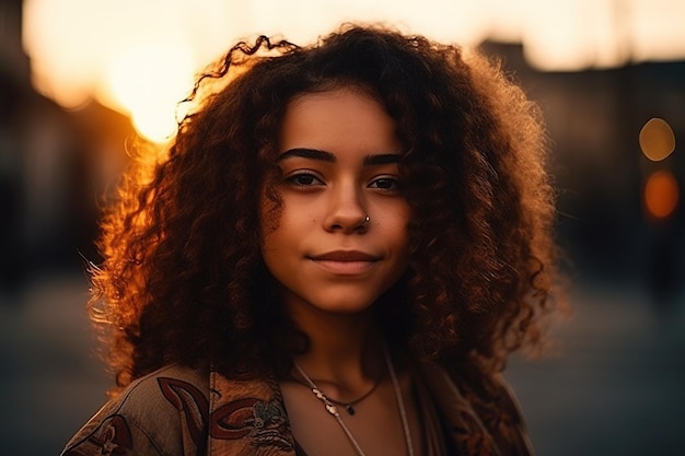 Retrato de una mujer afroamericana capturada durante una hermosa puesta de sol IA generativa