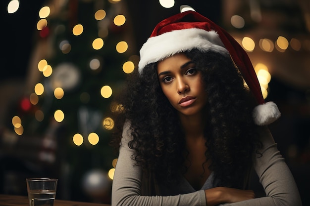 Foto retrato de una mujer afroamericana con emociones trastornadas celebrando la navidad sola en casa sentada con un sombrero de papá noel rojo y mirando tristemente a la cámara