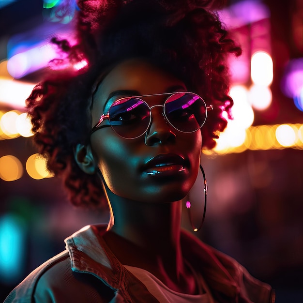 Retrato de una mujer afroamericana con gafas de sol Ella posa seriamente mirando a la cámara con un aire de superioridad Sus gafas de Sol dan mucho carácter a la imagen Imagen creada con IA