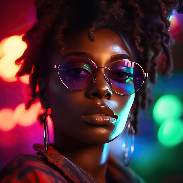 Retrato de una mujer afroamericana con gafas de sol Ella posa seriamente mirando a la cámara con un aire de superioridad Sus gafas de Sol dan mucho carácter a la imagen Imagen creada con IA