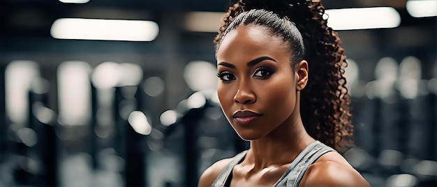 Retrato de una mujer afroamericana en un gimnasio