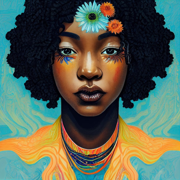Retrato de mujer afroamericana con ilustración colorida de flores