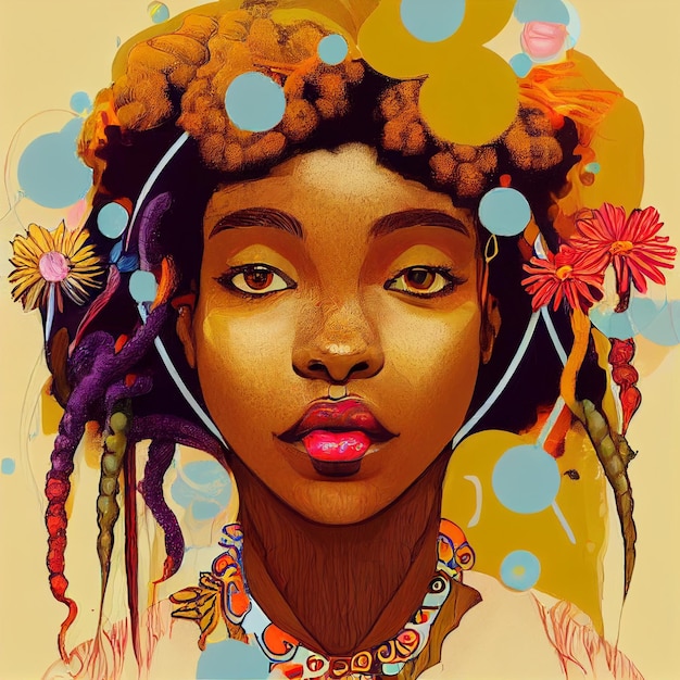 Retrato de mujer afroamericana con ilustración colorida de flores