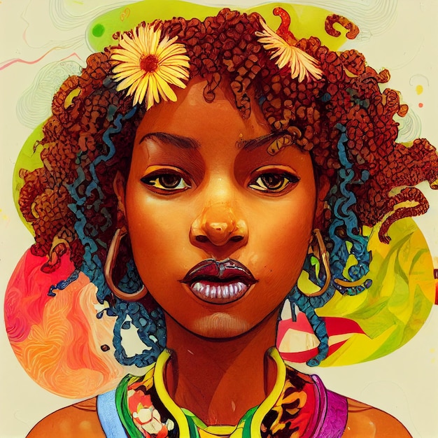 Retrato de mujer afroamericana con ilustración colorida de flores