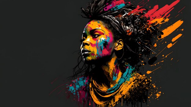 Retrato de mujer afroamericana inexistente con salpicaduras de colores mixtos en el arte generado por la red neuronal de fondo negro