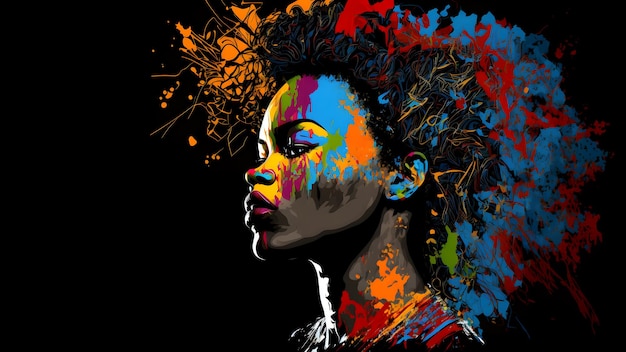 Retrato de mujer afroamericana inexistente en salpicaduras de colores mixtos sobre fondo negro neural