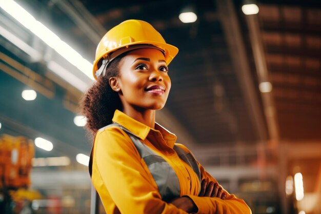 Retrato de una mujer afroamericana con ropa de trabajo