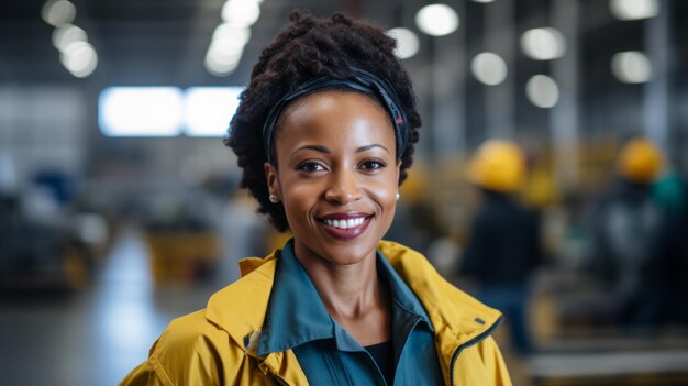 Foto retrato de una mujer afroamericana sonriente en un almacén