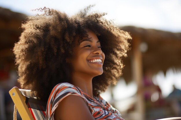 Retrato de una mujer afroamericana sonriente en la playa