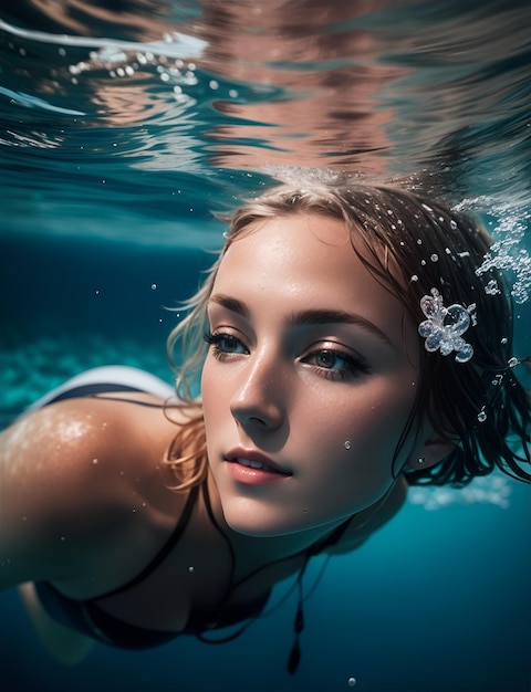Foto retrato de una mujer bajo el agua