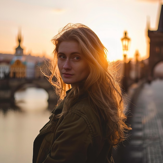 Retrato de una mujer al amanecer en el puente Carlos en Praga Ai generative