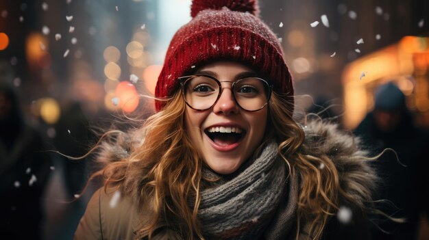 Retrato de una mujer alegre en la noche de la ciudad nevada abrazando el encanto del invierno