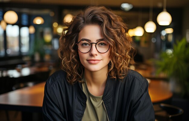 Retrato de una mujer amante del café con gafas que está frente a la cámara