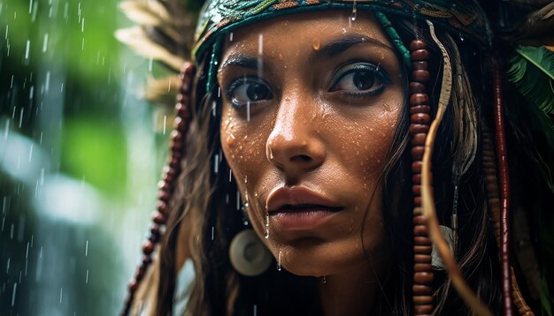 Foto retrato de una mujer amazona bajo una cascada en la selva amazónica