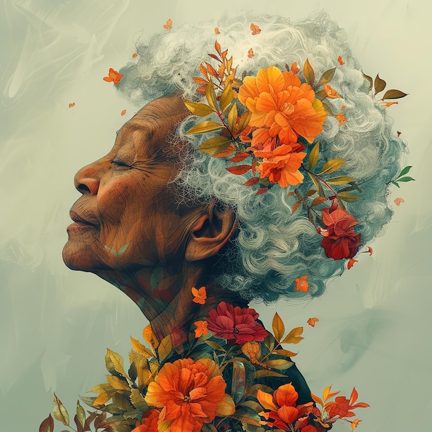 Retrato de una mujer anciana con flores de acebo