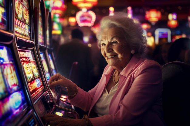 retrato de una mujer anciana jugadora jugando a una máquina tragamonedas en un casino generado por Al