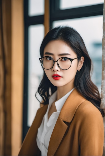 Un retrato de mujer asiática con anteojos y traje de trabajo.