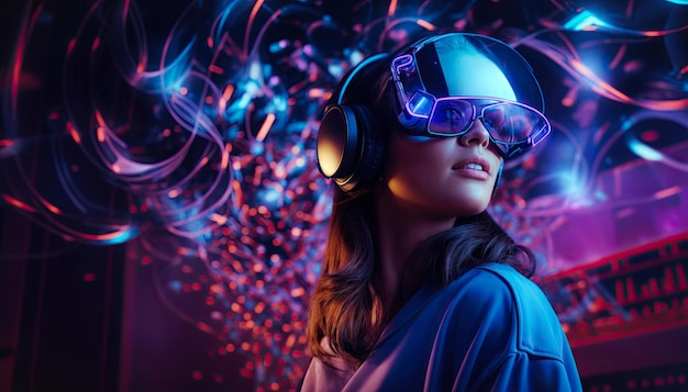 Retrato de una mujer asiática en auriculares de realidad virtual contra un fondo futurista