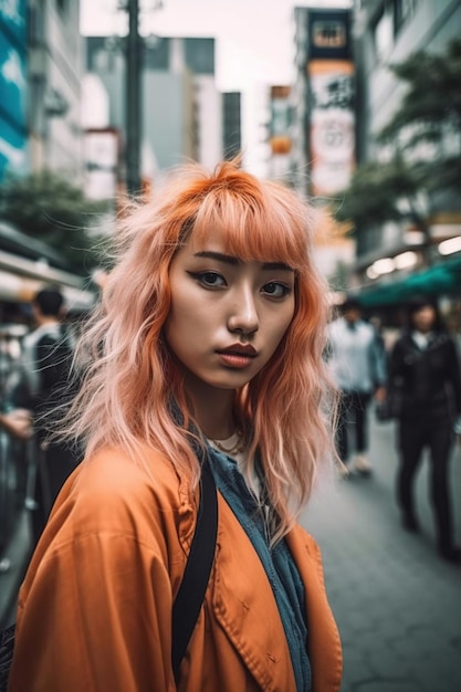 Retrato de una mujer asiática en la ciudad.