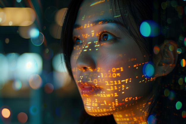 Retrato de una mujer asiática emprendedora digital que trabaja en una línea de código de computadora proyectada en