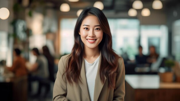 Retrato de una mujer asiática feliz sonriendo de pie en un espacio de oficina moderno