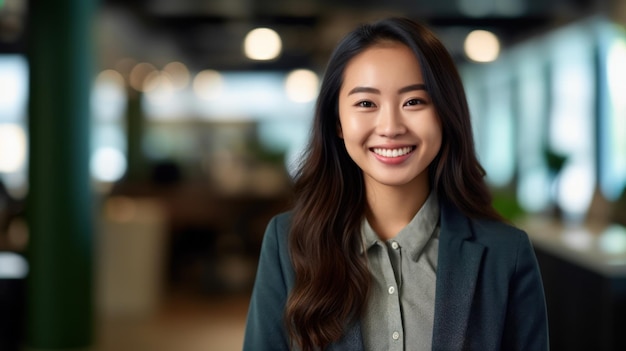 Retrato de una mujer asiática feliz sonriendo de pie en un espacio de oficina moderno