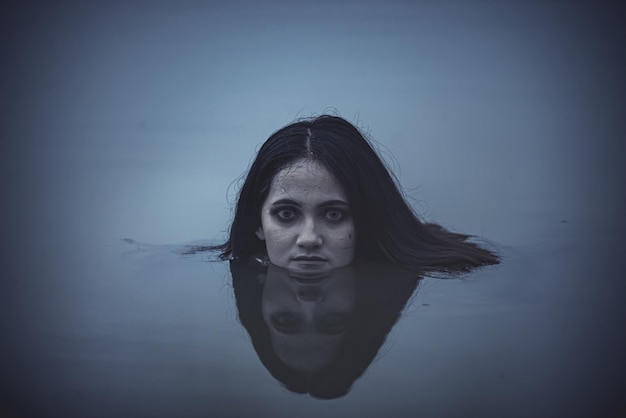 Retrato de mujer asiática maquillada cara de fantasma en el pantanoEscena de terrorFondo aterradorViernes 13