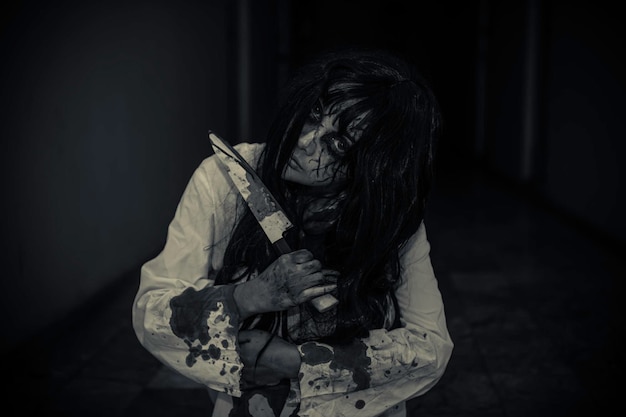 Retrato de mujer asiática maquillada fantasmaEscena de terror aterrador para el fondoConcepto del festival de HalloweenCartel de películas fantasmaespíritu enojado sosteniendo un cuchillo en el apartamento