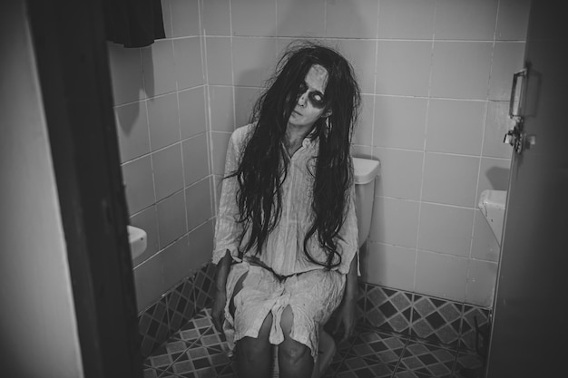 Retrato de mujer asiática maquillada fantasmaEscena de terror aterrador para el fondoConcepto del festival de HalloweenCartel de películas fantasmasespíritu enojado en el apartamento