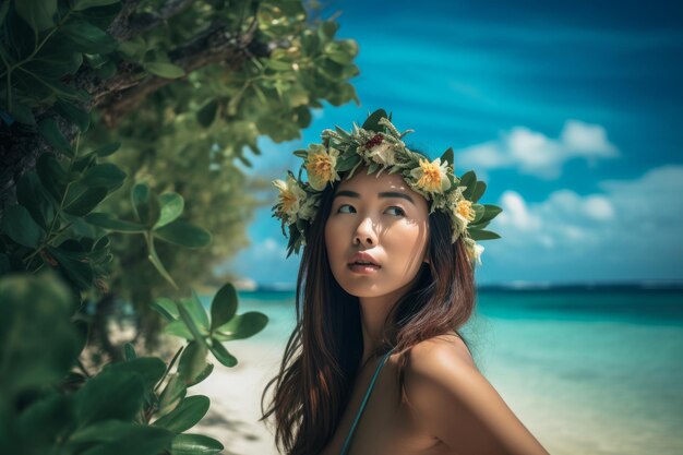 retrato, de, un, mujer asiática, en, playa tropical