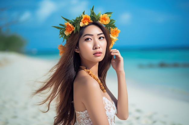 retrato, de, un, mujer asiática, en, playa tropical