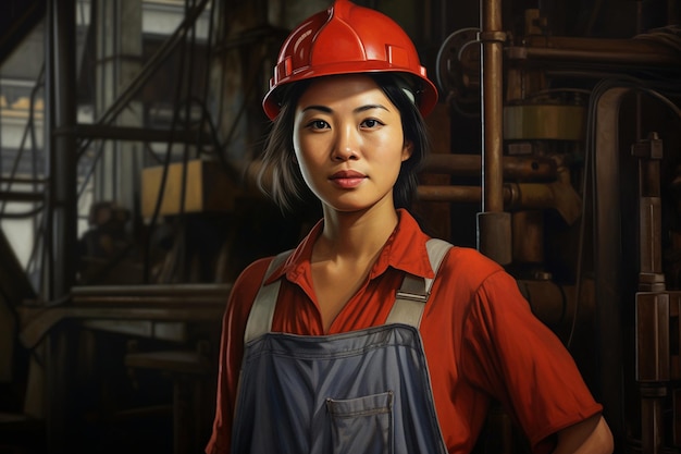 retrato, de, un, mujer asiática, trabajador fábrica, generativo, ai